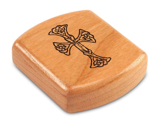 Top View of a 2" Flat Wide Cherry with laser engraved image of Celtic Cross