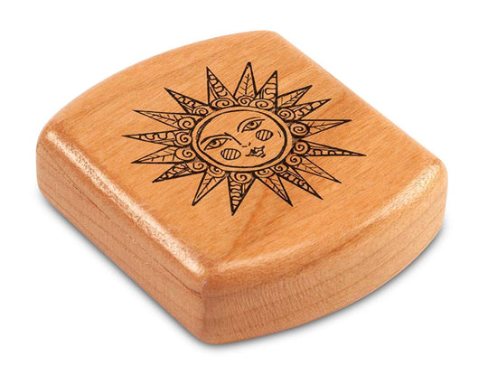 Top View of a 2" Flat Wide Cherry with laser engraved image of Sunshine