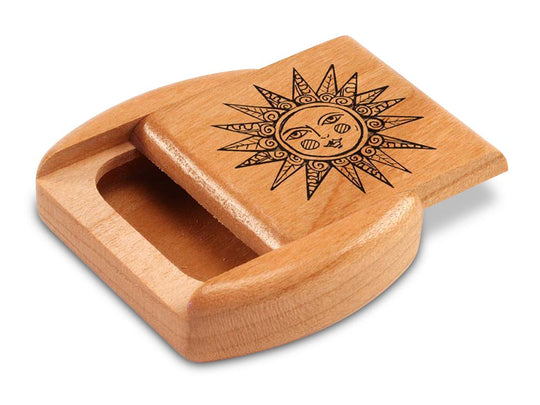 Opened View of a 2" Flat Wide Cherry with laser engraved image of Sunshine