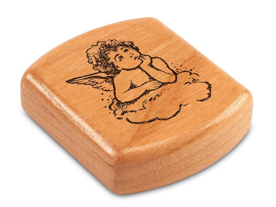 Top View of a 2" Flat Wide Cherry with laser engraved image of Cherub