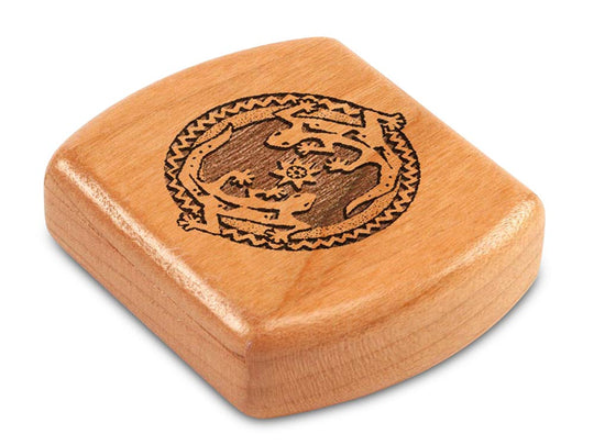 Top View of a 2" Flat Wide Cherry with laser engraved image of Geckos