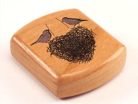 Top View of a 2" Flat Wide Cherry with laser engraved image of Love Nest