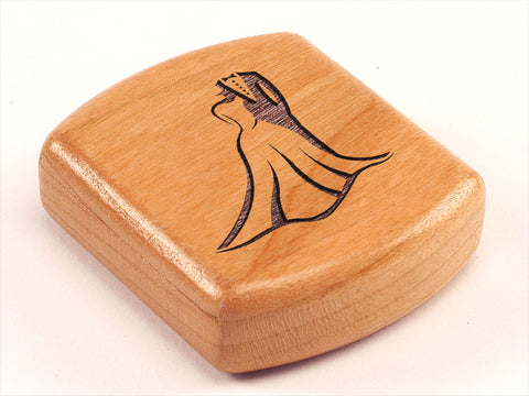 Top View of a 2" Flat Wide Cherry with laser engraved image of Wedding Dress and Tuxedo