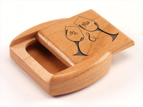 Top View of a 2" Flat Wide Cherry with laser engraved image of Mr. and Mrs. Wine Glasses