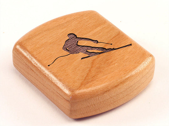 Top View of a 2" Flat Wide Cherry with laser engraved image of Downhill Skiier