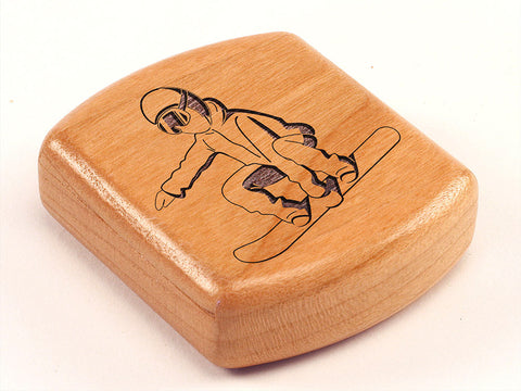 Top View of a 2" Flat Wide Cherry with laser engraved image of Snowboarder