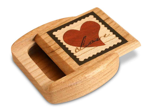 Top View of a 2" Flat Wide Cherry with marquetry pattern of Love Stamp Marquetry Dark of a 2" Flat Wide Cherry - Love Stamp Marquetry Dark