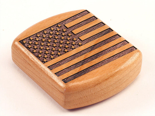 Top View of a 2" Flat Wide Cherry with laser engraved image of American Flag