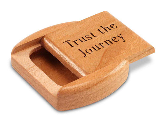 Opened View of a 2" Flat Wide Cherry with laser engraved image of Quote -Trust the Journey