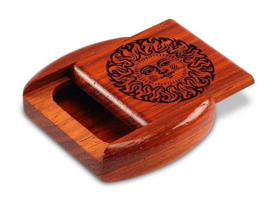 Opened View of a 2" Flat Wide Padauk with laser engraved image of Smiling Sun