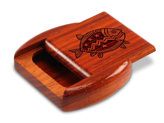 Opened View of a 2" Flat Wide Padauk with laser engraved image of Primitive Fish