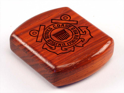 Top View of a 2" Flat Wide Padauk with laser engraved image of Coast Guard Seal