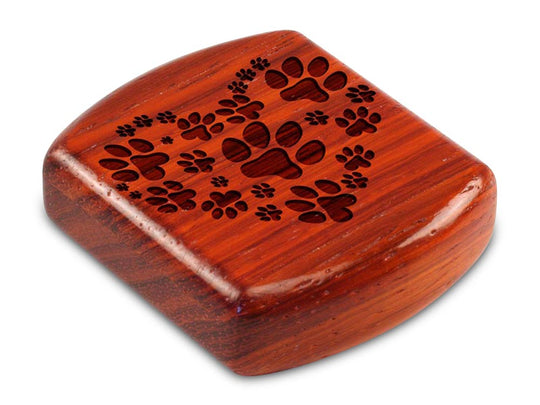 Top View of a 2" Flat Wide Padauk with laser engraved image of Paw Print Heart