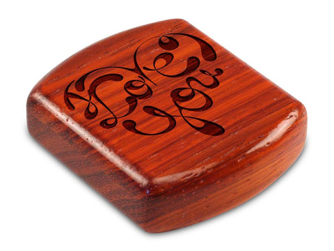 Top View of a 2" Flat Wide Padauk with laser engraved image of I Love You Splash