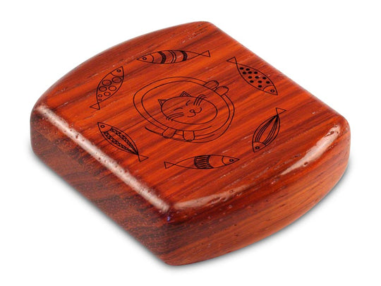 Top View of a 2" Flat Wide Padauk with laser engraved image of Cat & Fish