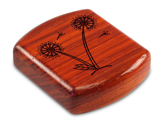 Top View of a 2" Flat Wide Padauk with laser engraved image of Dandelions