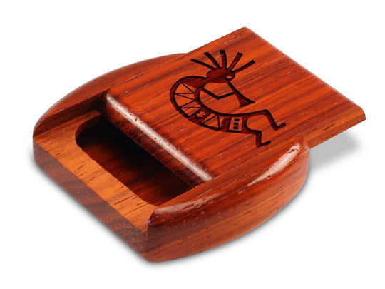 Opened View of a 2" Flat Wide Padauk with laser engraved image of Kokopelli