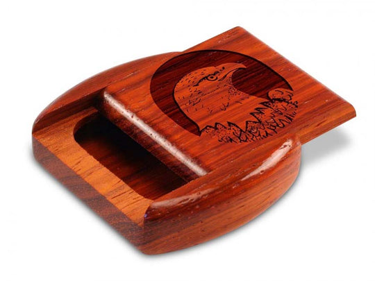 Opened View of a 2" Flat Wide Padauk with laser engraved image of Eagle Head Circle