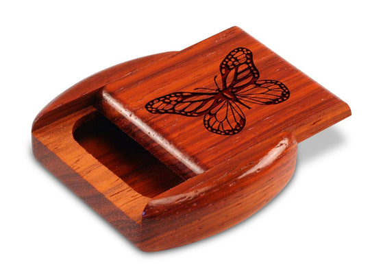 Opened View of a 2" Flat Wide Padauk with laser engraved image of Butterfly