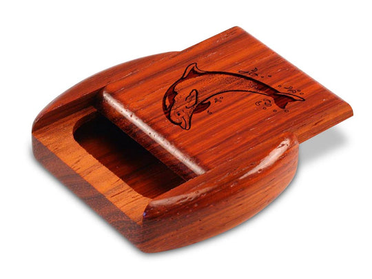 Opened View of a 2" Flat Wide Padauk with laser engraved image of Dolphin