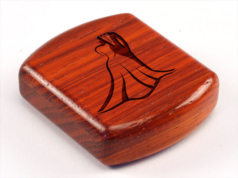 Top View of a 2" Flat Wide Padauk with laser engraved image of Wedding Dress and Tuxedo