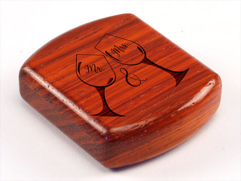 Top View of a 2" Flat Wide Padauk with laser engraved image of Mr. and Mrs. Wine Glasses