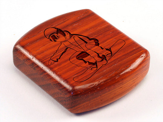 Top View of a 2" Flat Wide Padauk with laser engraved image of Snowboarder