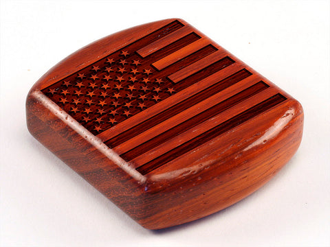 Top View of a 2" Flat Wide Padauk with laser engraved image of American Flag