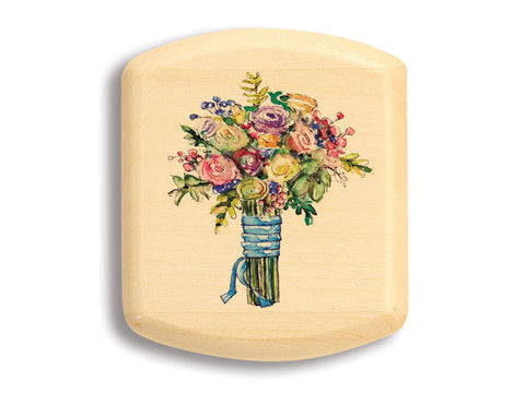 Top View of a 2" Flat Wide Aspen with color printed image of Wedding Bouquet