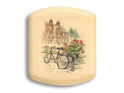 Top View of a 2" Flat Wide Aspen with color printed image of Biking in the City