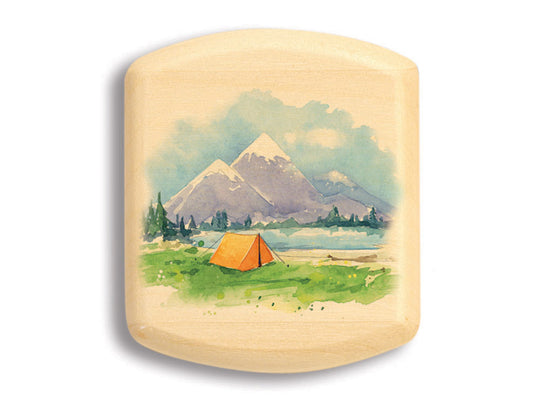 Top View of a 2" Flat Wide Aspen with color printed image of Mountain Campsite