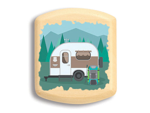 Top View of a 2" Flat Wide Aspen with color printed image of Camper