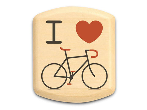 Top View of a 2" Flat Wide Aspen with color printed image of I Love Bicycle