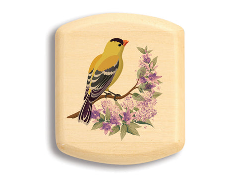 Top View of a 2" Flat Wide Aspen with color printed image of Yellow Finch/Lilac