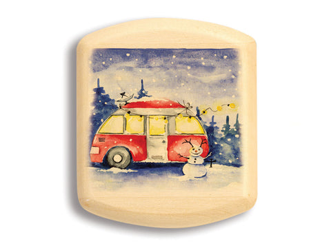 Top View of a 2" Flat Wide Aspen with color printed image of Camper & Snowman