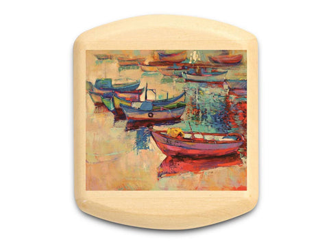 Top View of a 2" Flat Wide Aspen with color printed image of Boats Painting II
