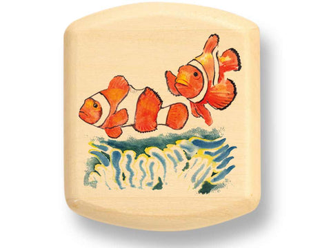 Top View of a 2" Flat Wide Aspen with color printed image of Clown Fish
