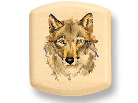 Top View of a 2" Flat Wide Aspen with color printed image of Wolf Head