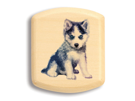 Top View of a 2" Flat Wide Aspen with color printed image of Husky Pup