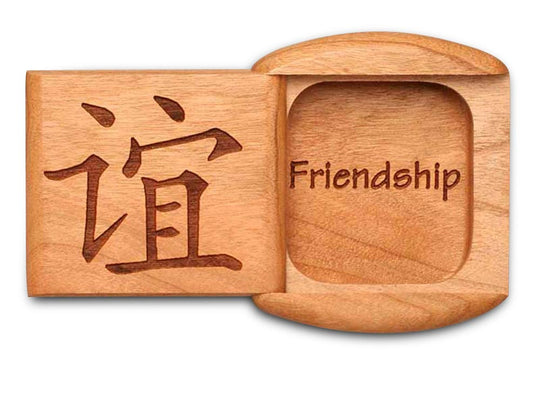 Top View of a 2" Flat Wide Cherry with laser engraved image of Friendship