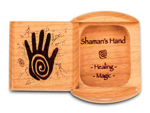 Top View of a 2" Flat Wide Cherry with laser engraved image of Shaman's Hand Heal Magic