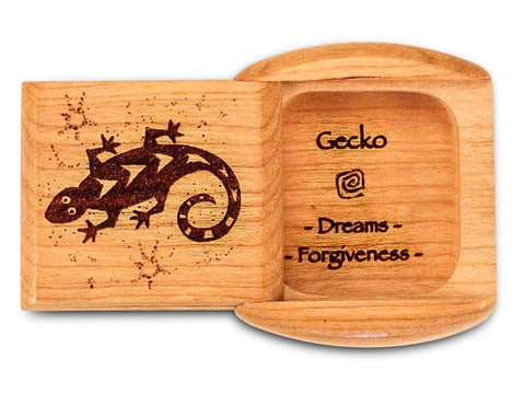 Top View of a 2" Flat Wide Cherry with laser engraved image of Gecko Dreams Forgiveness