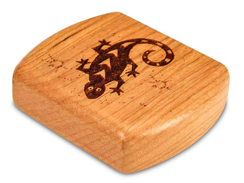 Top View of a 2" Flat Wide Cherry with laser engraved image of Gecko Dreams Forgiveness
