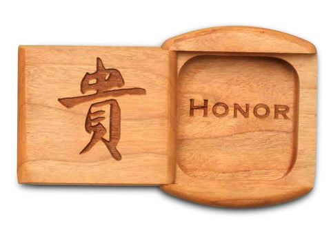 Top View of a 2" Flat Wide Cherry with laser engraved image of Honor