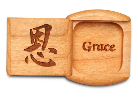 Top View of a 2" Flat Wide Cherry with laser engraved image of Grace