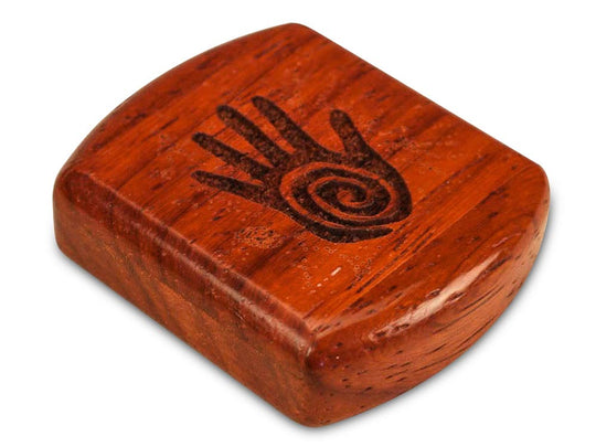 Opened View of a 2" Flat Wide Padauk with laser engraved image of Shaman's Hand Heal Magic