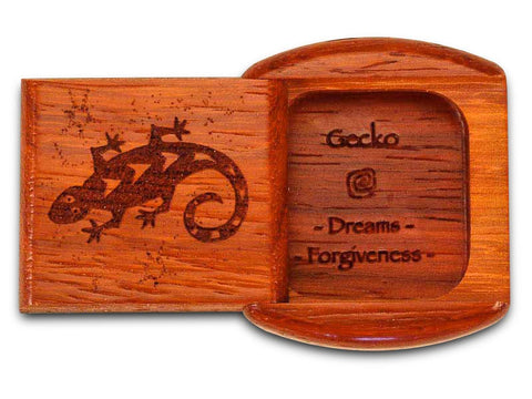 Top View of a 2" Flat Wide Padauk with laser engraved image of Gecko Dreams Forgiveness