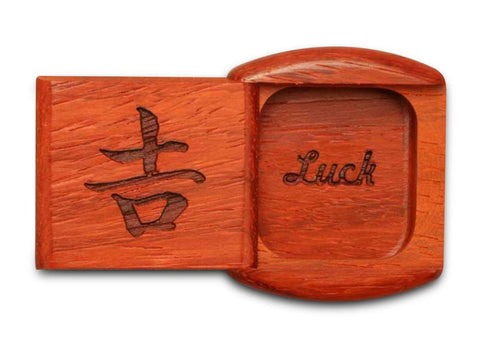 Top View of a 2" Flat Wide Padauk with laser engraved image of Luck