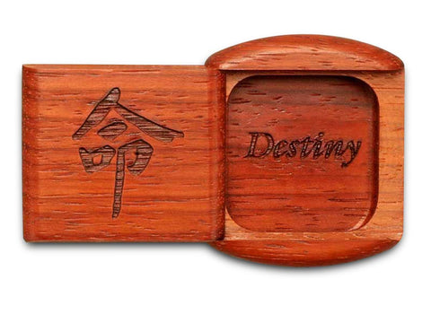 Top View of a 2" Flat Wide Padauk with laser engraved image of Destiny
