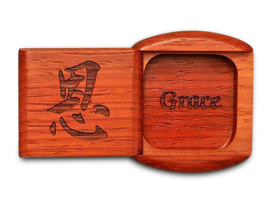 Top View of a 2" Flat Wide Padauk with laser engraved image of Grace
